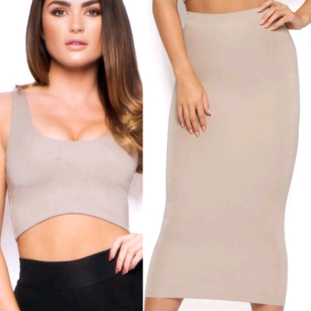 Oh Polly Double Layered Tan Crop&Midi Skirt Set